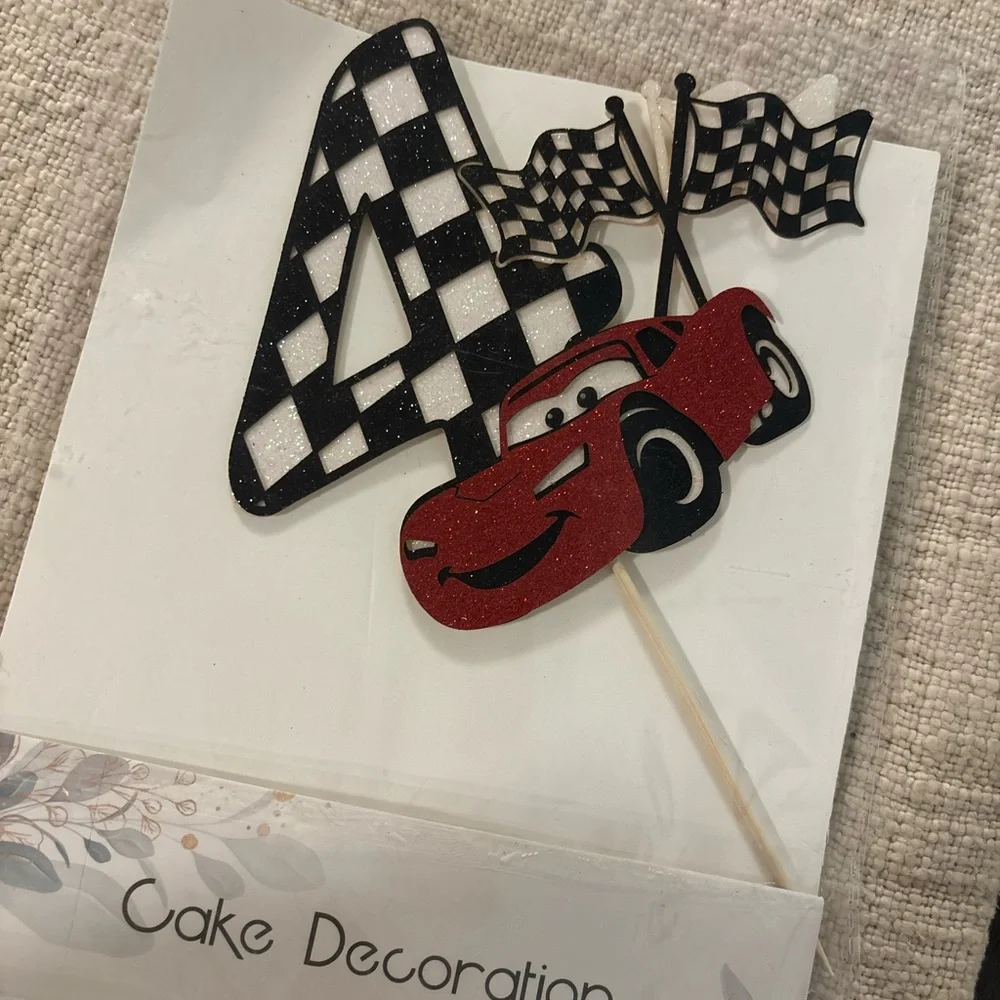 Amazon Red Race Car Cake Topper with Checkered Flags